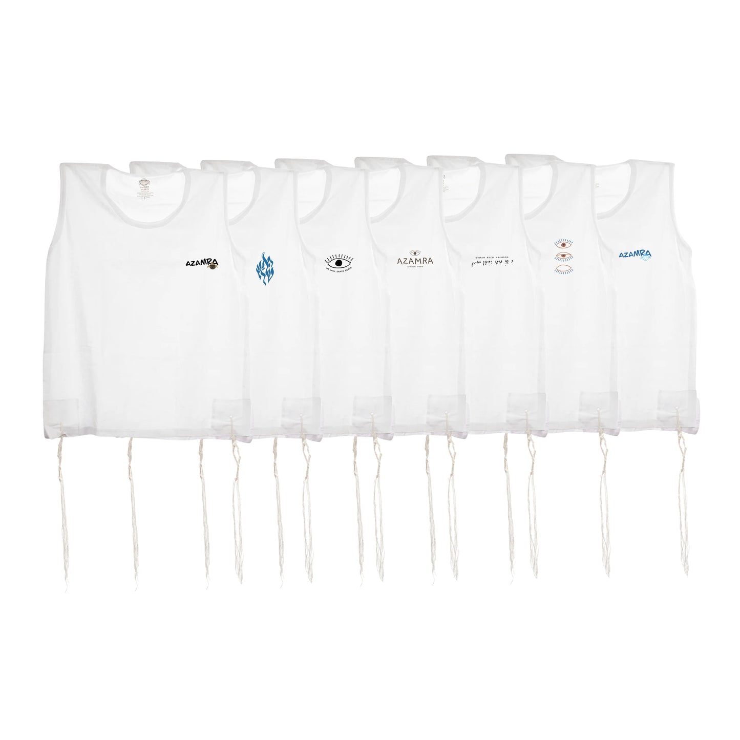 Pack de sept débardeurs Tsitsit en coton 100% imprimés de différents logos breslev , fils malchut dans le respect de la cacheroute