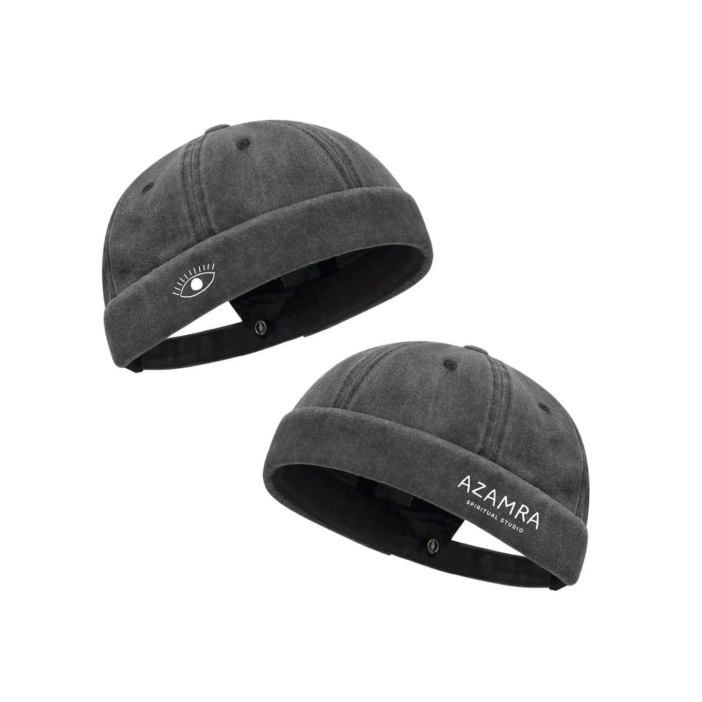 Docker Azamra gris délavé – broderie œil et Azamra, porté en kippa ou couvre-chef, chapeau
