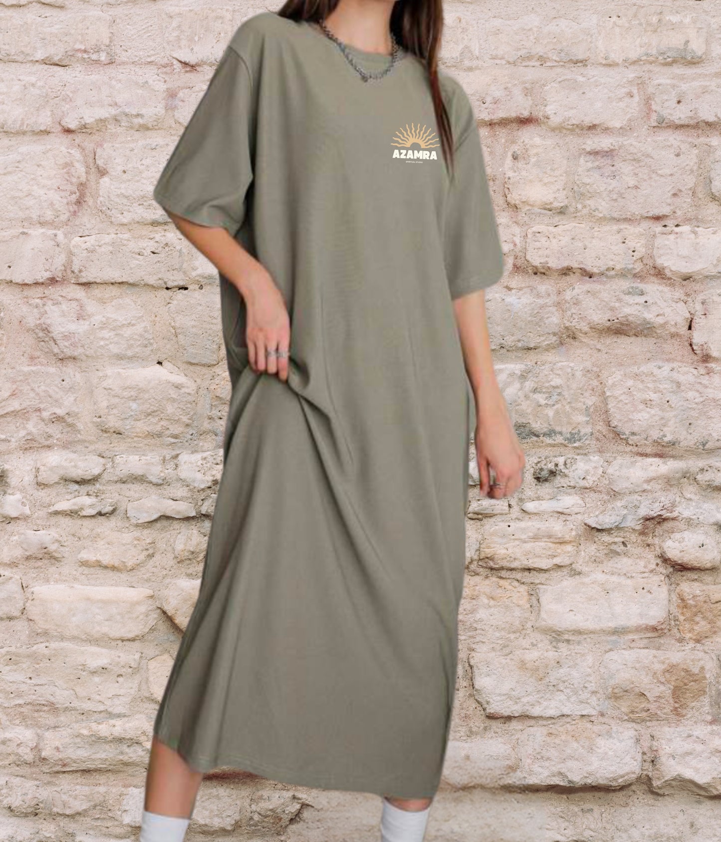 Robe Shemesh kaki, t-shirt tsniout avec logo soleil poitrine côté cœur