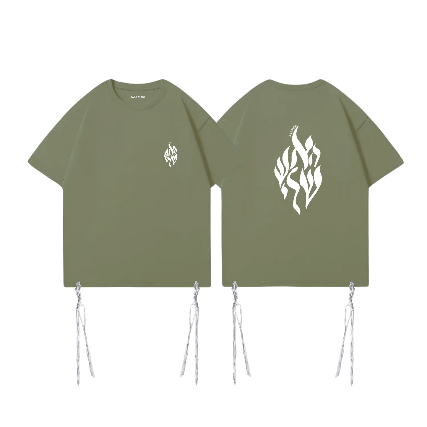 T-shirt Tsitsit kaki Aesh Sheli avec logo blanc Breslev, coupe oversize, conforme à la halakha, modèle Azamra