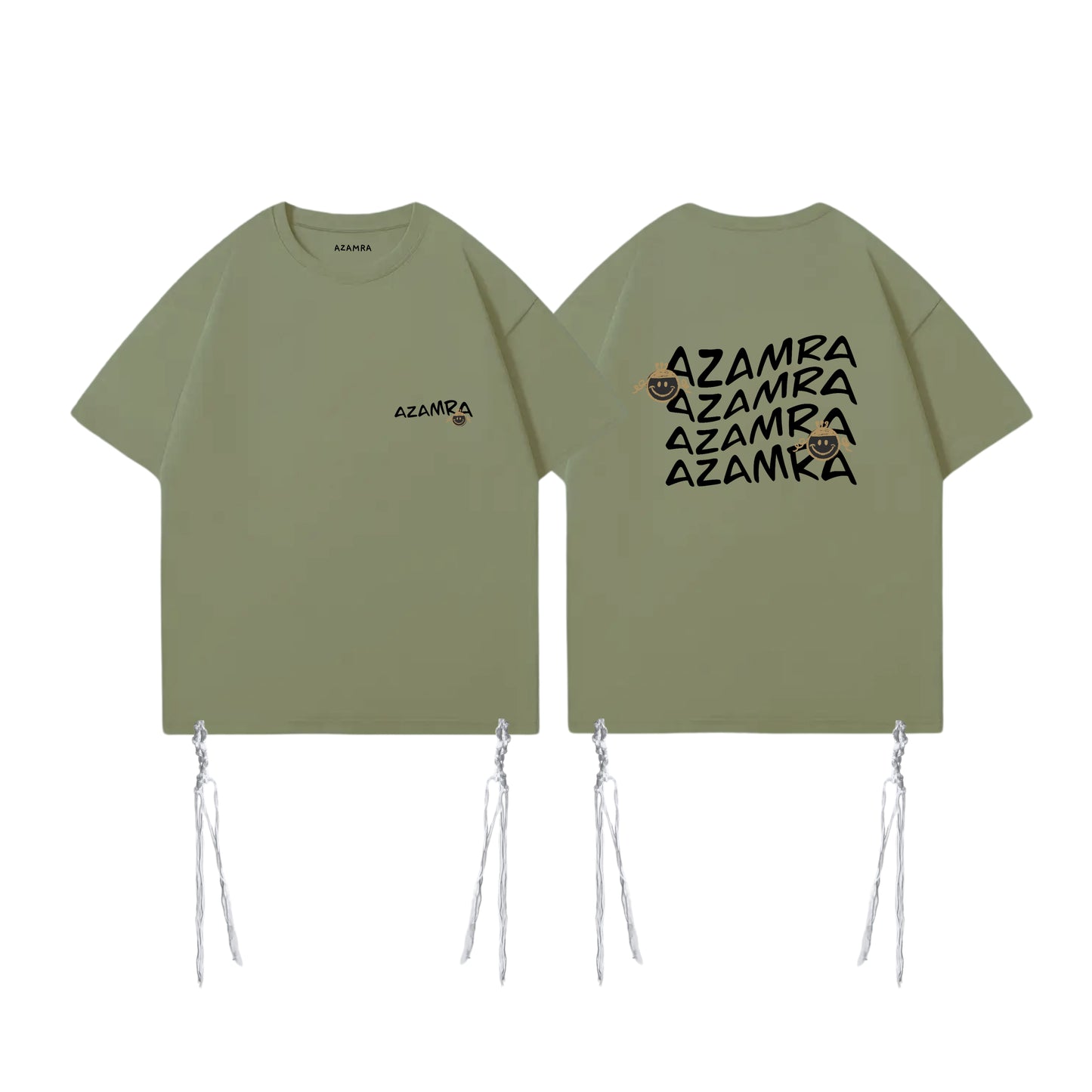 T-shirt talith tsitsit kaki avec logo discret smiley noir, style oversize et conforme à la halakha