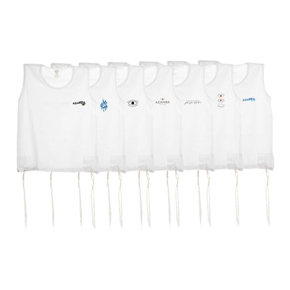 Pack de sept débardeurs Tsitsit en coton 100% imprimés de différents logos breslev , fils malchut dans le respect de la cacheroute
