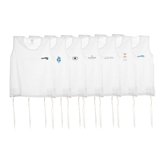 Pack de sept débardeurs Tsitsit en coton 100% imprimés de différents logos breslev , fils malchut dans le respect de la cacheroute