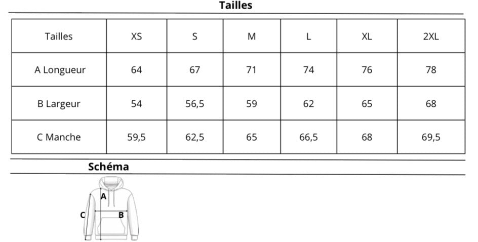 Guide des tailles du sweat Tsitsit AZAMRA noir en coton 450g – mensurations en cm pour les tailles S à XXL