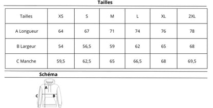 Guide des tailles du sweat Tsitsit AZAMRA noir en coton 450g – mensurations en cm pour les tailles S à XXL
