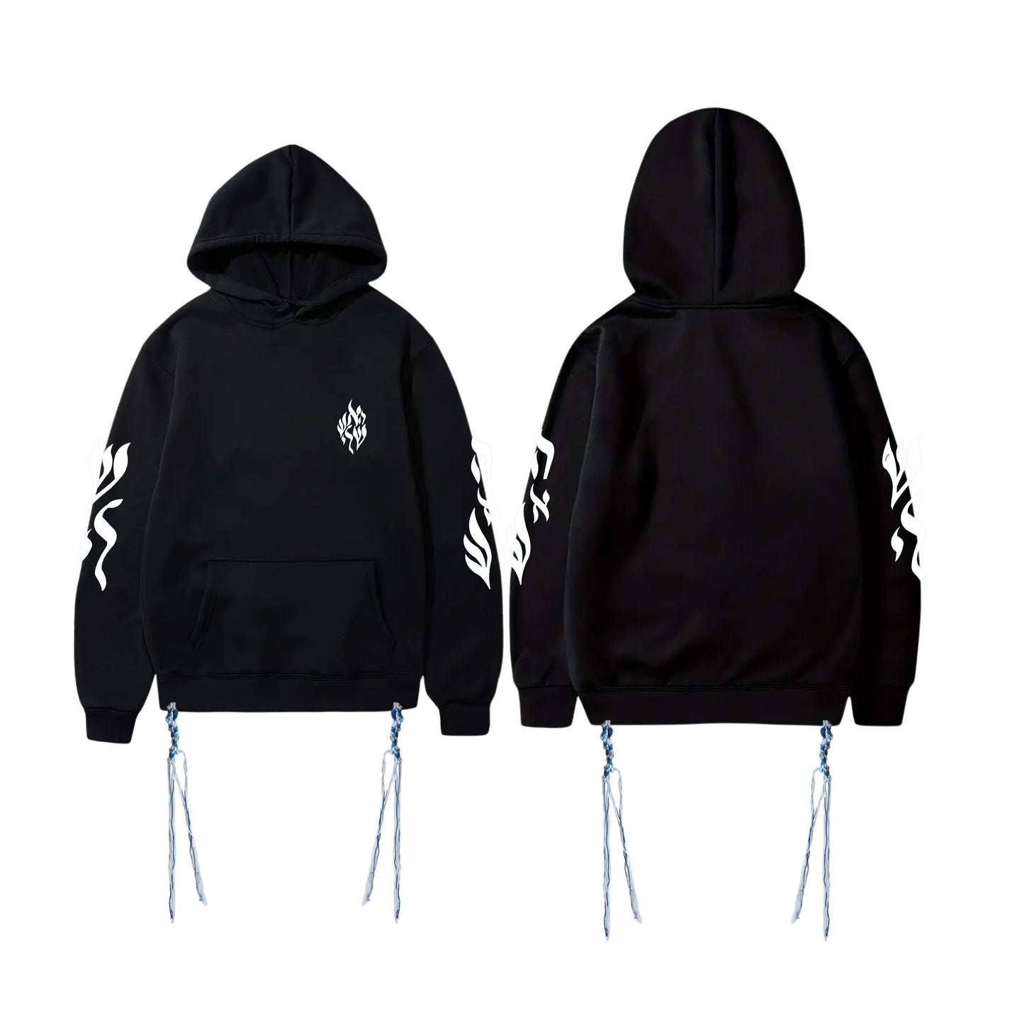 Sweat Tsitsit Aesh Sheli noir avec flamme blanche côté cœur, capuche et zips halakhiques