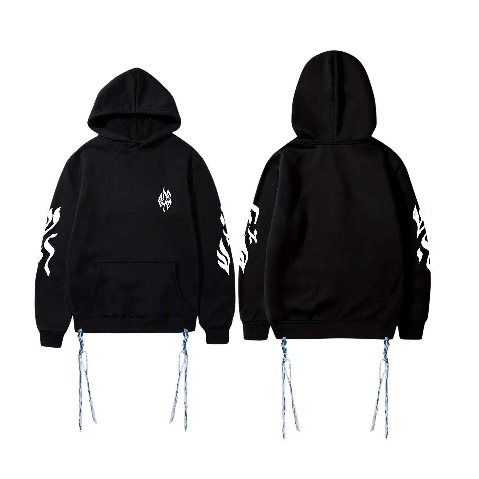 Sweat Tsitsit Aesh Sheli noir avec flamme blanche côté cœur, capuche et zips halakhiques