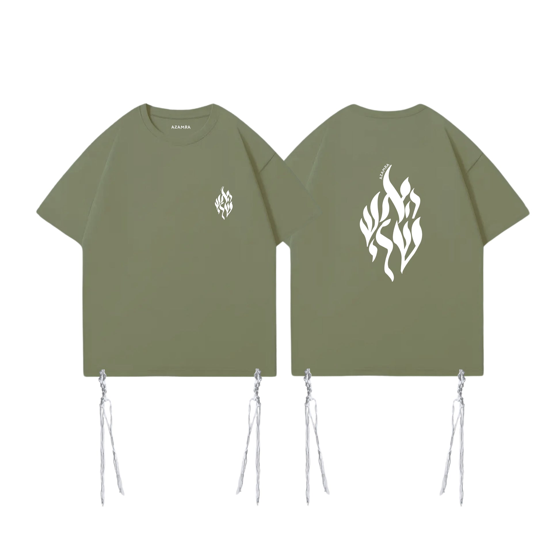 T-shirt Tsitsit kaki Aesh Sheli avec logo blanc Breslev, coupe oversize, conforme à la halakha, modèle Azamra