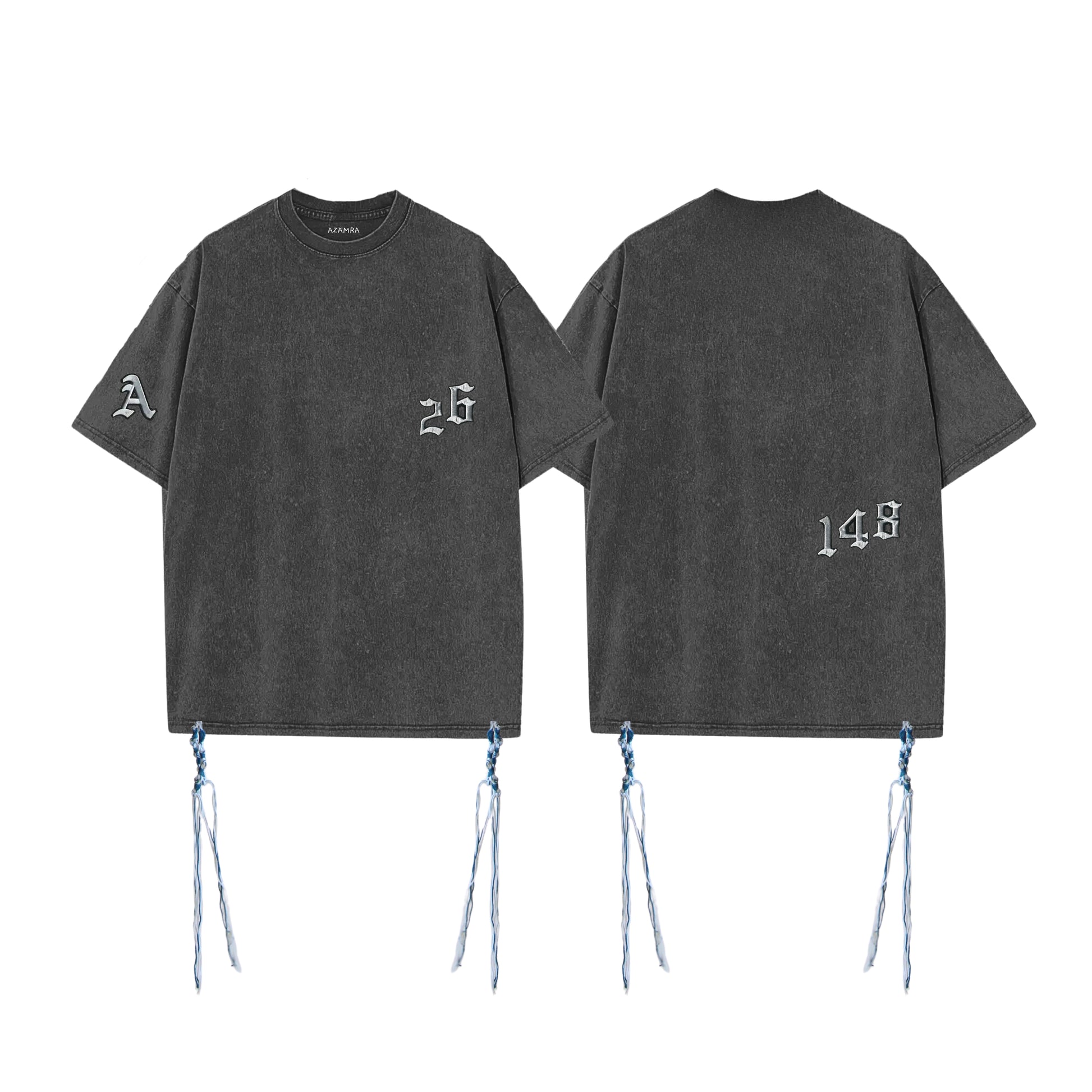Vue avant et dos du T-shirt Tsitsit 148 gris délavé avec écussons brodés style rock baroque