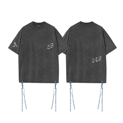 Vue avant et dos du T-shirt Tsitsit 148 gris délavé avec écussons brodés style rock baroque