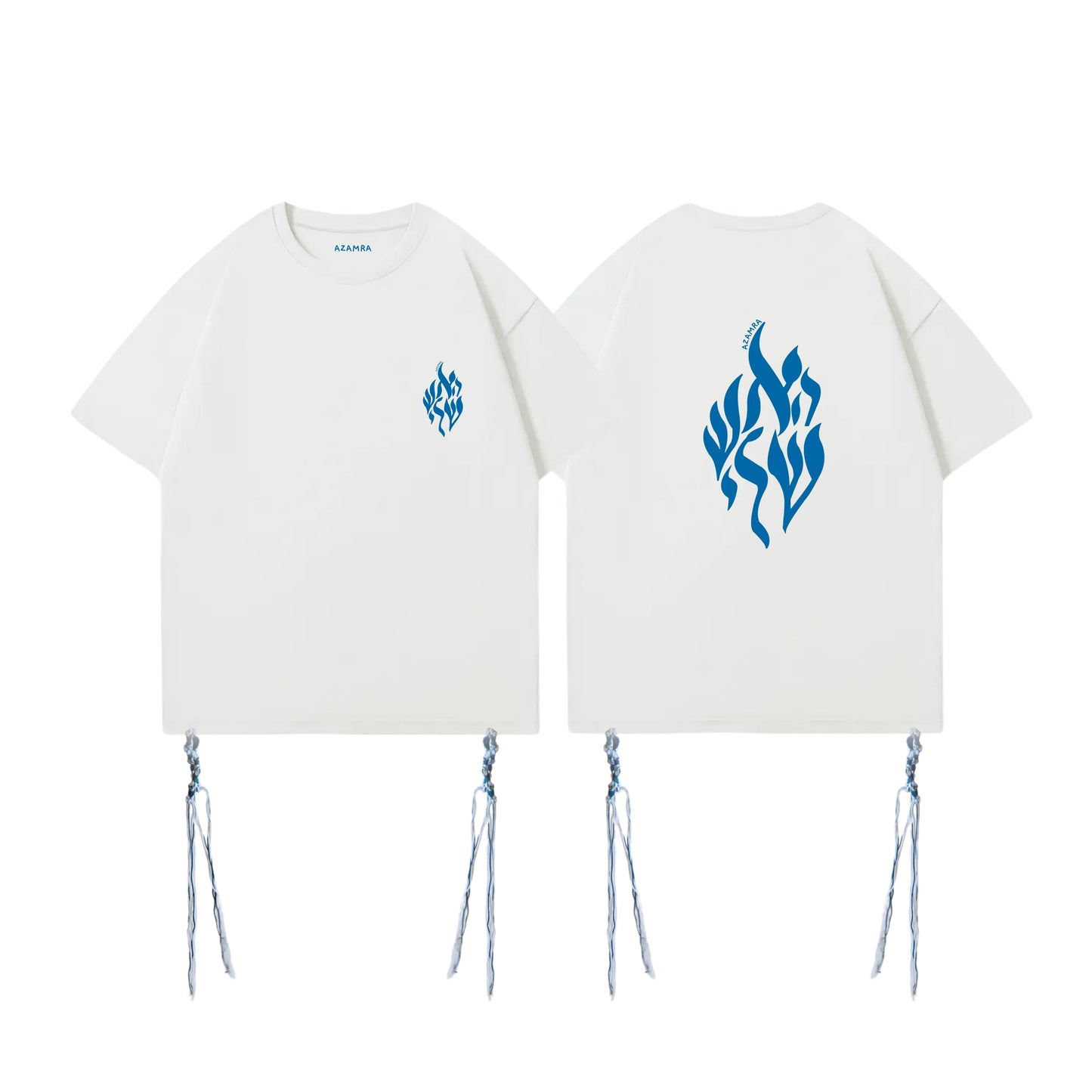 T-shirt Tsitsit blanc Aesh Sheli avec logo bleu Breslev, coupe oversize, conforme à la halakha, modèle Azamra