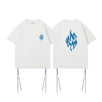 T-shirt Tsitsit blanc Aesh Sheli avec logo bleu Breslev, coupe oversize, conforme à la halakha, modèle Azamra