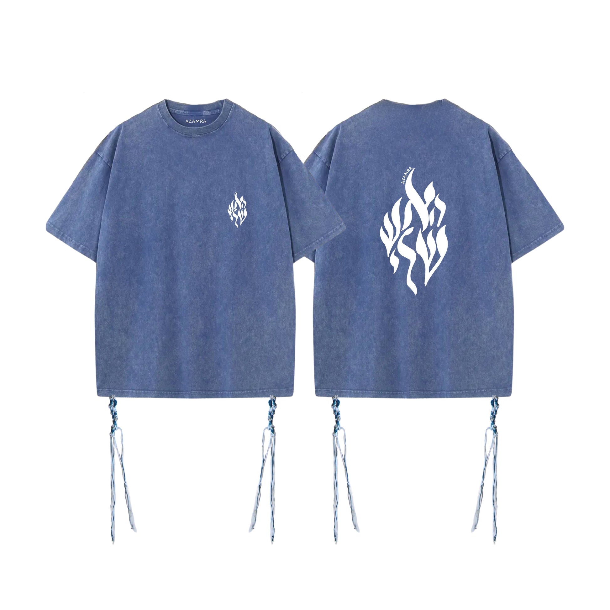 T-shirt Tsitsit bleu délavé Aesh Sheli avec logo blanc Breslev, coupe oversize, conforme à la halakha, modèle Azamra
