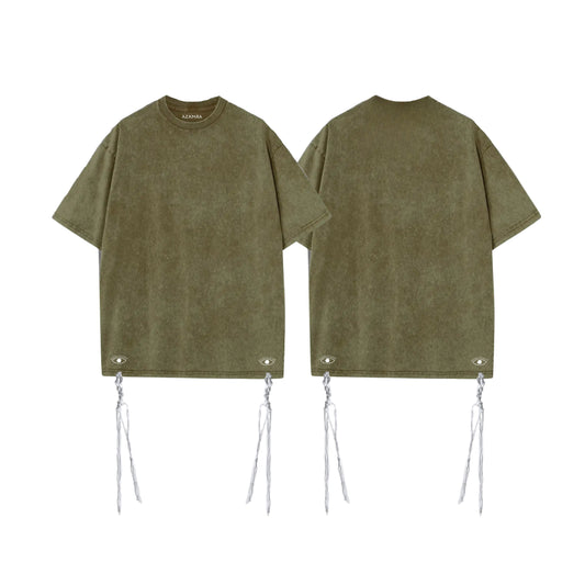 T-shirt Tsitsit Arba Enayim kaki délavé avec tsitsit laine et logos œil discrets