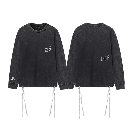 T-shirt tsitsit manche longue noir délavé avec tsitsit casher en laine, écussons 26, 148 et Azamra