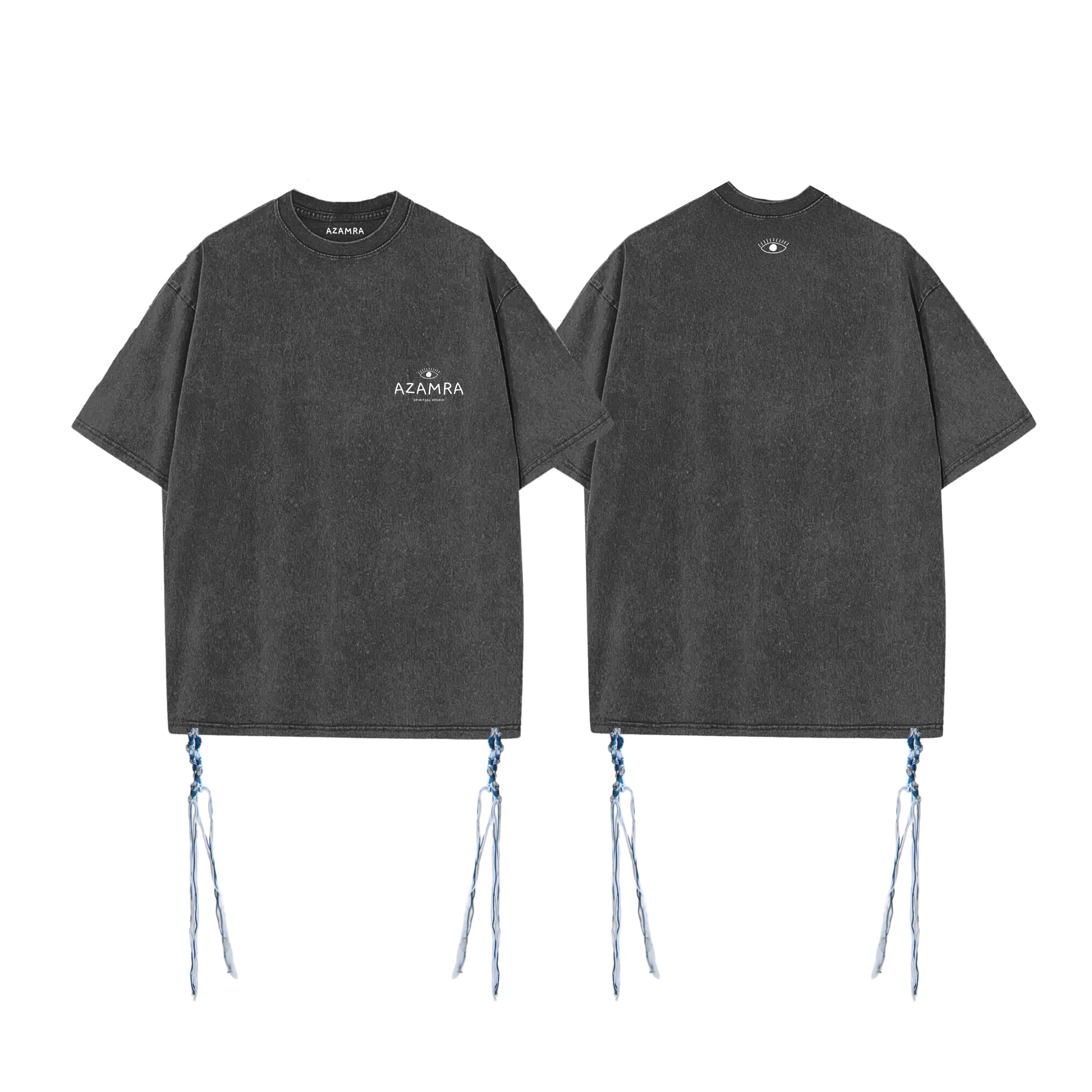 T-shirt Tsitsit Signature gris oversize avec fils bleus tehelet, logo Azamra et oeil breslev spirituel au dos