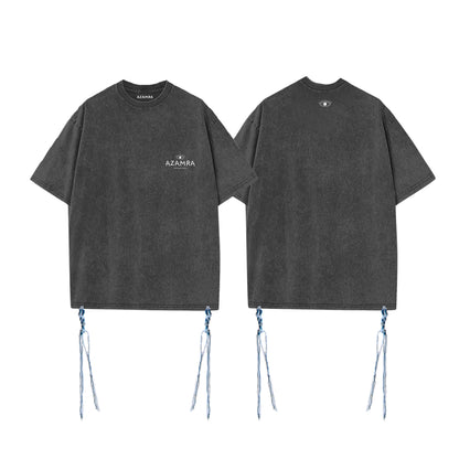 T-shirt Tsitsit Signature gris oversize avec fils bleus tehelet, logo Azamra et oeil breslev spirituel au dos
